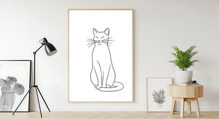 Minimalist line art of a cat in a frame on a white wall with plants and a lamp