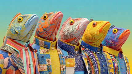 Vibrant, whimsical fish dressed in playful clothing, creating a fun and imaginative underwater scene full of color, charm, and creative character design.
