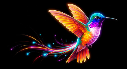 Fototapeta premium A colorful hummingbird in flight with its wings spread and tail feathers trailing behind it on a black background