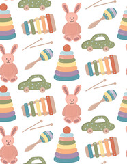 Seamless pattern with cute baby toys. Background with wooden car, pink rabbit, xylophone, pyramid and maracas