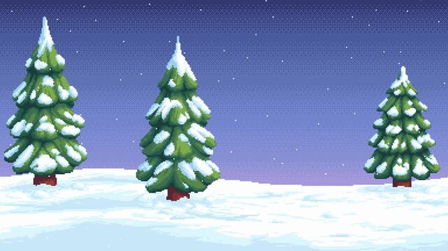 Seamless loop animation of snowy pine trees forest with falling snow