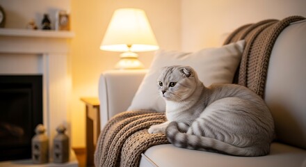 Charming scottish fold cat lounges gracefully on a cozy sofa, its endearing folded ears adding to its irresistible charm