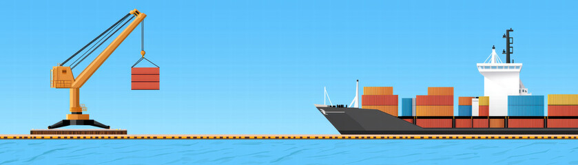 Obraz premium Geometric flat design of shipping dock with crane loading container onto cargo ship, bright scene with clear sky and calm water