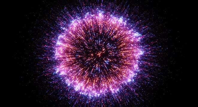 Brilliant purple and pink cosmic explosion radiates bright light beams across a dark background