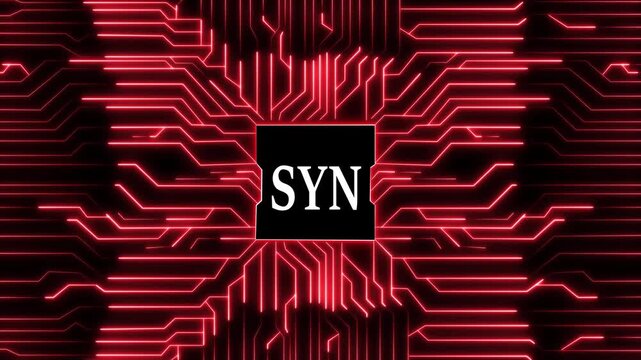 The digital syn concept showcases a glowing blue circuit board pattern, symbolizing technology, connectivity, and data flow, with the word syn prominently displayed in the center of the design