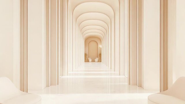 Grand hallway interior design with minimalist chairs and arches