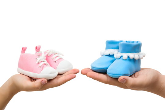 Hands cradling miniature pink and blue baby booties, representing the joy of pregnancy announcement and the anticipation of gender reveal