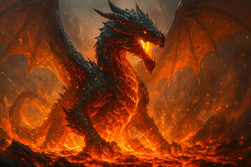 Volcanic Fire Dragon Emerging from Lava with Glowing Embers and Cinematic Lighting