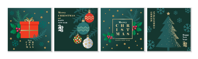 Happy Holidays and Merry Christmas greetings card set. Xmas gift, holly berry and christmas tree. Happy New Year 2026, trendy vector design for season poster or banner