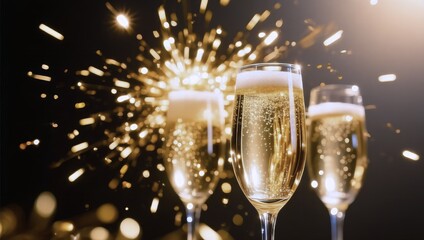 Three champagne glasses are filled with sparkling wine