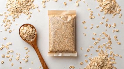 Oatmeal package on white background with wooden spoon, raw grain flakes, minimal style food concept, clean natural pantry staple, cozy mood