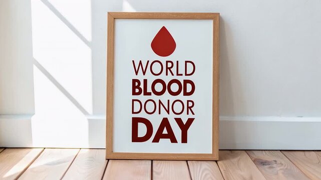 World blood donor day poster with red drop icon wooden frame clean white wall, minimal design, healthcare awareness theme, bright light floor - Powered by Adobe