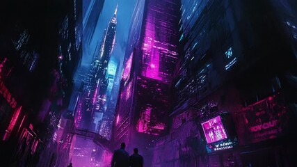 People walking through futuristic cyberpunk city street at night - Powered by Adobe