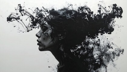 Profile of a woman with flowing, smoky black accents dissolving into the background, creating an ethereal portrait