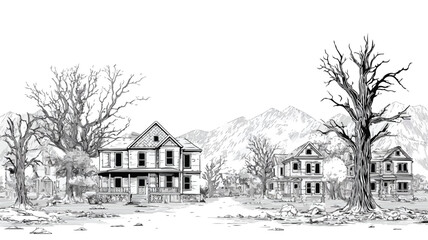 Devastated Houses Confronting Fire & Natural Calamities, Vector Illustration