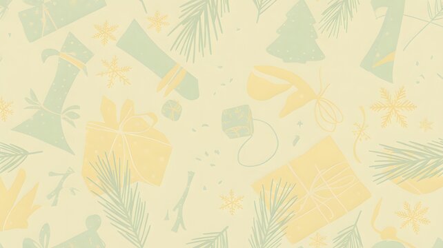 Festive Christmas Background Pattern – Seamless Digital Paper with Subtle Holiday Elements, Pastel Gifts, Pine Branches, Tea Bags, Snowflakes, and Abstract Seasonal Decor in Soft Pale Yellow and Green