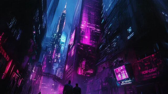 People walking through futuristic cyberpunk city street at night