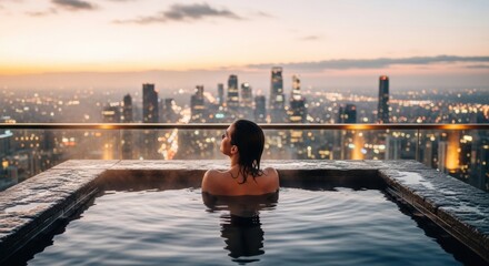 woman from behind, resting in a pool as she gazes out over skyscrapers and evening lights. This scene of urban height embodies tranquility, solitude, and a moment of serene contemplation