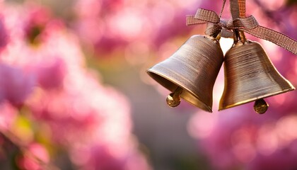 two brass bells hanging from ribbons against a blurry background of pink flowers