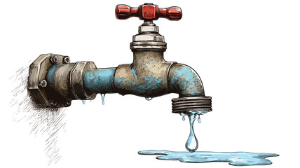 Leaking Water Pipe and Damaged Dripping Fitting Vector Illustration