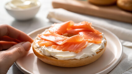 Bagel lox cream cheese smoked salmon breakfast brunch savory fresh sliced sesame