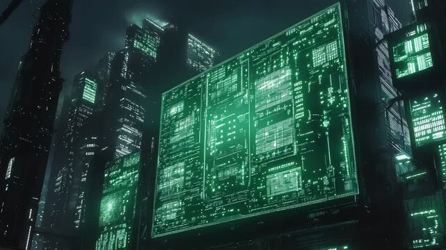Cyberpunk city street displaying digital code and data - Powered by Adobe