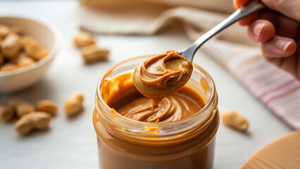 Creamy peanut butter jars open on table, smooth spread swirls on spoon, natural texture, warm light, homemade comfort vibe