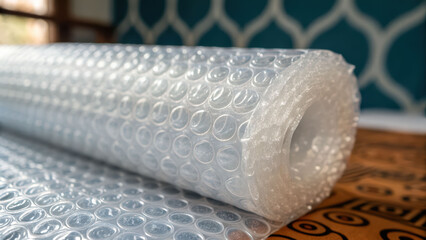 Roll bubble wrap packaging on wooden table by window, clear plastic texture catches light, cushion pattern gives calm mood and gentle indoor vibe