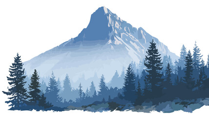 Majestic Foggy Mountain Top Landscape Vector with Outline