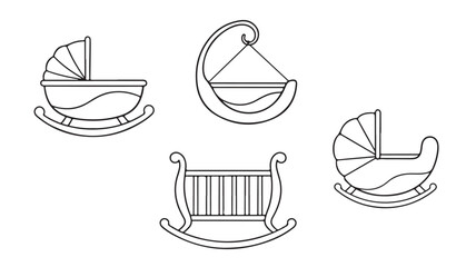  Collection of four hand drawn baby cribs and cradles in a simple outline sketch style for design