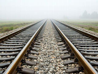 Fototapeta premium Railway track railroad ballast fog countryside rails Two railway tracks diverging misty countryside create quiet, atmospheric scene of perspective