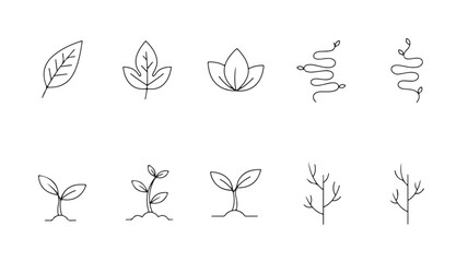 Black vector silhouette set of vintage floral plant and leaf tattoo design elements