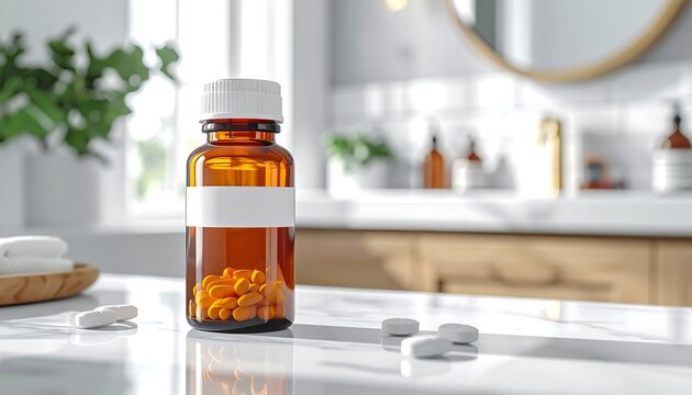 Medication bottle on marble counter with capsules, against blurred bathroom setting with mirror