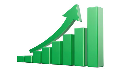 Upward green arrow with 3D bar chart, isolated on transparent background, clean edges.