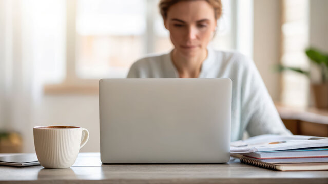 focused woman working laptop home office introvert career motivation calm productivity remote work concentration natural light - Powered by Adobe