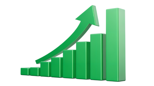 Upward green arrow with 3D bar chart, isolated on transparent background, clean edges.