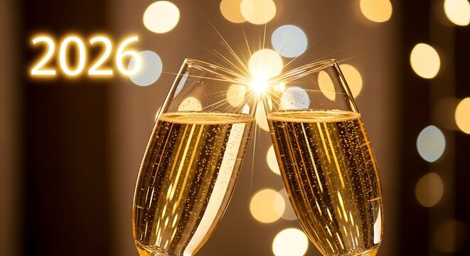 Champagne Toast to the Year 2026 with Sparkling Lights.