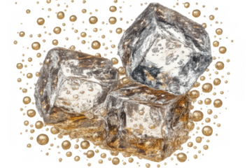 Three ice cubes floating in gold bubbles, refreshing beverage concept with frozen cooling elements on transparent background