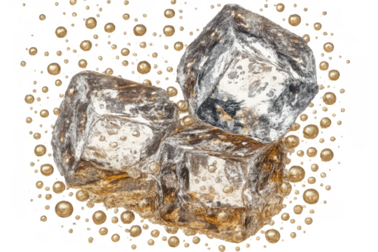 Three ice cubes floating in gold bubbles, refreshing beverage concept with frozen cooling elements on transparent background