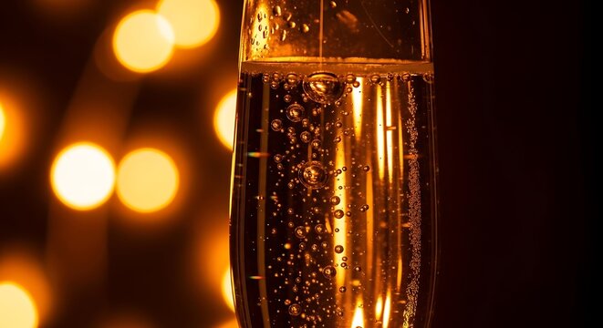 Close-up of a champagne flute filled with bubbly champagne.