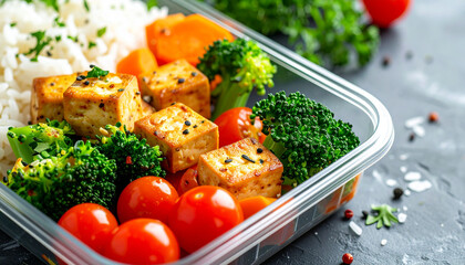Container with tofu, broccoli, cherry tomatoes, rice and carrots. Nutritious meal, balanced cuisine