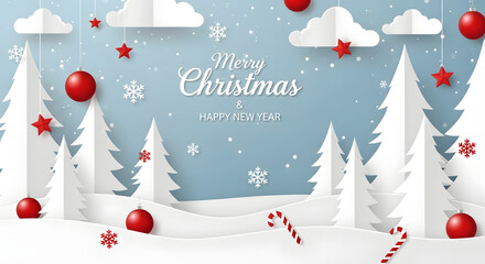 Whimsical winter wonderland paper cutout scene with snowflakes and festive decorations