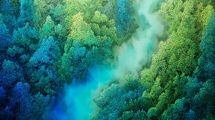 Oil painting of river winding through forest valley with vibrant green and blue tones in expressive landscape scene
