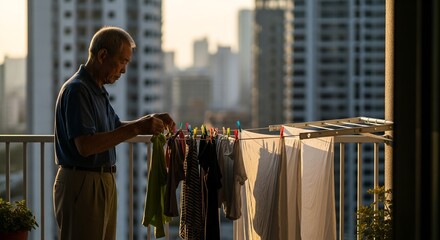 Elderly man hangs laundry on a drying rack on a balcony with a cityscape in the background.