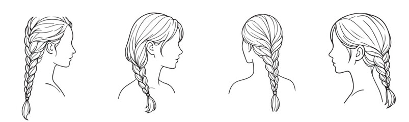 Four different hairstyles of a woman's head. The hairstyles are braids, a ponytail, a bun, and a braid