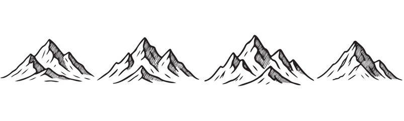 A series of mountains are shown in black and white. The mountains are all different sizes and are positioned in a row. Concept of awe and grandeur, as the mountains tower over the viewer