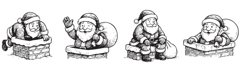 Four santa claus sitting on a roof. One is holding a bag. The other three are smiling