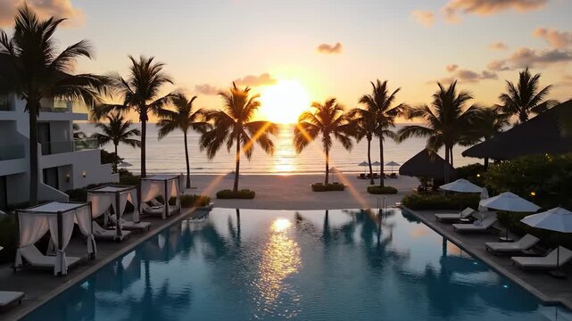 A peaceful resort features a tranquil pool surrounded by palm trees at sunset, emphasizing relaxation and luxury. The palm trees frame the pool as the sun sets over the sea, creati