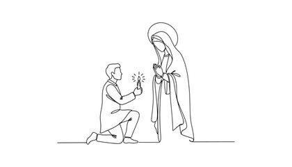 Man holding candle prayer to Virgin Mary in serene moment of devotion