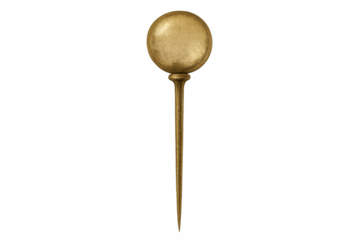 Golden pushpin creating a marker point on maps or boards, representing location, strategy, and ideas on a transparent background